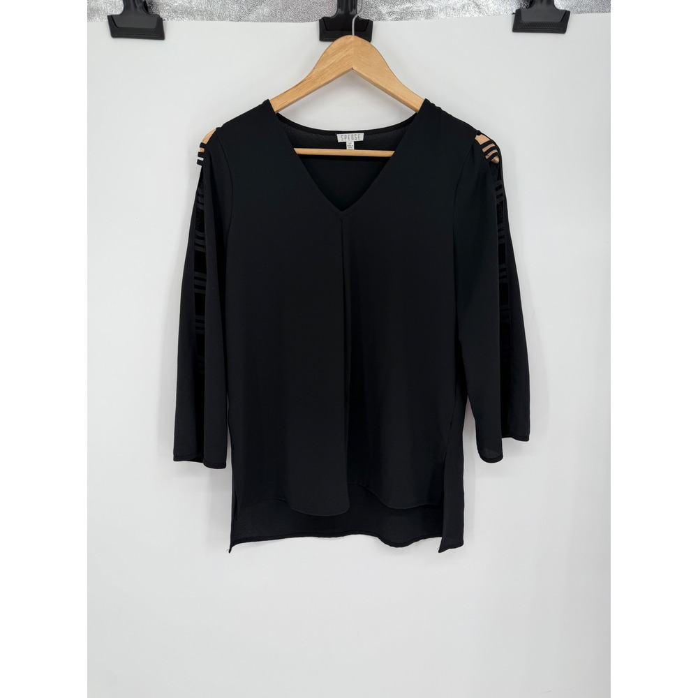 Spense Women Black V-Neck Blouse 3/4 Sleeve Cutout Detail Feminine Top Small